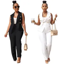 Women's Office Two Piece Vest Blazer and Pants Career Suit Summer
