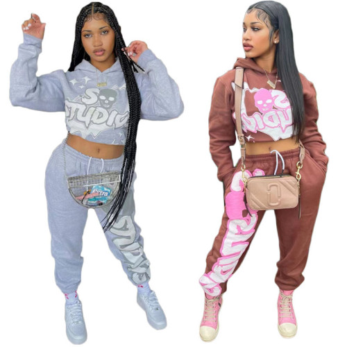 Women's Fall/Winter Printed Fashion Sports Casual Hooded Set