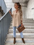 Autumn Simple Solid Color Long Sleeve V-Neck Button Turndown Collar Blouse Women