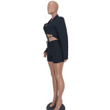 Lässiger Anzug für Damen mit V-Ausschnitt, kurzer Blazer und Shorts, zweiteiliges Set