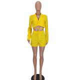 Women's Casual Suit V-Neck Cropped Blazer and Shorts Two Piece Set