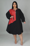 Damen Herbst Winter Plus Size Loose Patchwork Contrast Elastic Balloon Sleeve Zip Dress