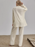 linen long-sleeve Chic Career Nude linen solid slit tunic and wide-leg pants set