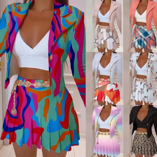 Fall Winter Long Sleeve Turndown Collar Print Blazer Suit