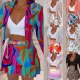 Fall Winter Long Sleeve Turndown Collar Print Blazer Suit
