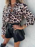 women's autumn long sleeve v-neck button leopard print shirt