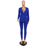 Women's Solid Color Turndown Collar Blazer and Trousers Two Piece Set