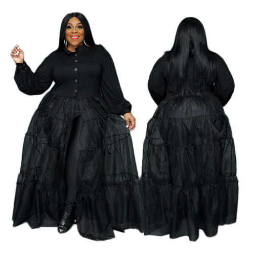 Vestido de retalhos de malha preta apresenta blusa feminina tamanho grande