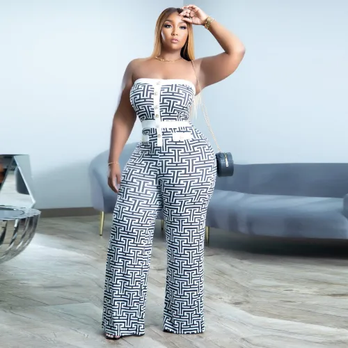 Sexy Fancy Strapless Plus Size Print Jumpsuit Nightclub