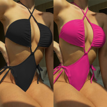 Traje de baño de una pieza Bikini sexy Traje de baño de color sólido para mujer Bikini con cordones