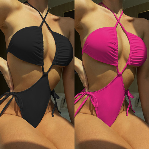 Maillot de bain une pièce maillot de bain bikini sexy maillot de bain couleur unie pour femme bikini à lacets
