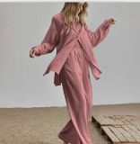 linen long-sleeve Chic Career Nude linen solid slit tunic and wide-leg pants set