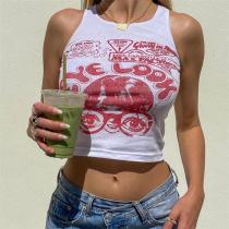 Camiseta sin mangas corta sin mangas con cuello redondo informal con estampado de verano para mujer