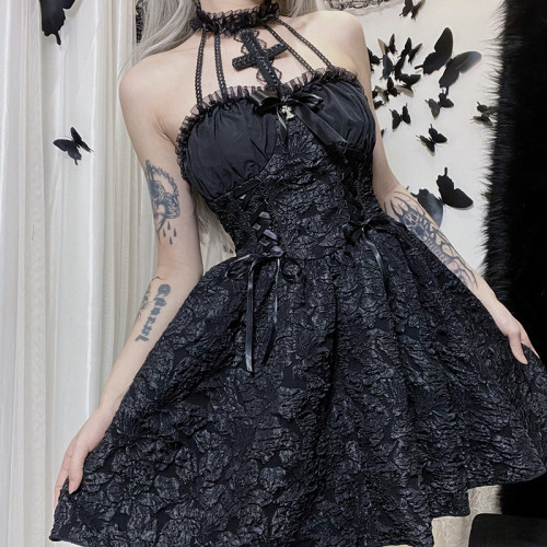 Vestido feminino de Halloween estilo outono túnica escura com gola cruzada e linha A