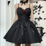Sommer Damen Dark Style Blumendekoration Jacquard Low Back Slip A-Linie Kleid