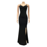Fashion Women'S Solid Color Strap Pleated Wrap Chest Slit Evening Dress