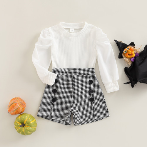 Girls Autumn Outfit Small Girls Solid Color Long Sleeve Round Neck T-Shirt Houndstooth Shorts Two-Piece Set