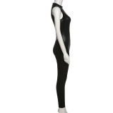 Einfarbiger, ärmelloser PU-Leder-Overall mit hoher Taille und schmaler Passform für Sommerfrauen