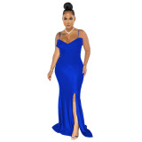 Fashion Women'S Solid Color Strap Pleated Wrap Chest Slit Evening Dress