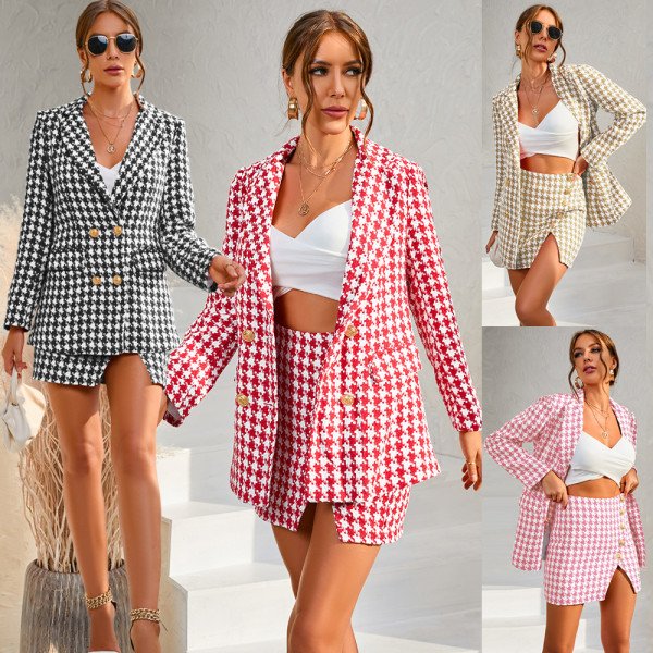Fashion Autumn And Winter Female Houndstooth Two-Piece Sexy Blazer Skirt Suit