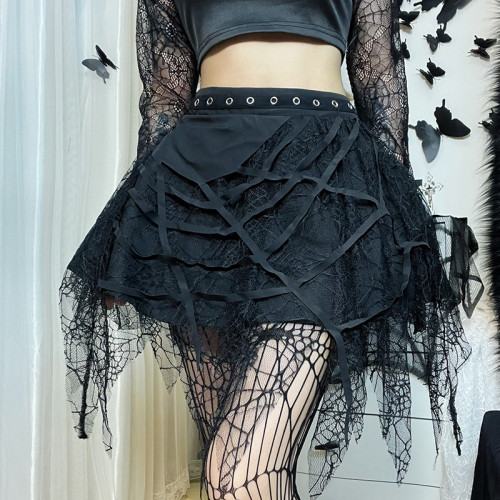 Minifalda con flecos de tela de araña punk gótica de verano para mujer