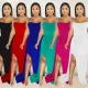 Fashion Women'S Solid Color Strap Backless Slit Evening Dress