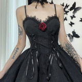 Sommer Damen Dark Style Blumendekoration Jacquard Low Back Slip A-Linie Kleid