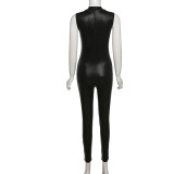 Einfarbiger, ärmelloser PU-Leder-Overall mit hoher Taille und schmaler Passform für Sommerfrauen