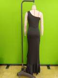 Women'S Asymmetric Ruffle Dress One Shoulder Gown Long Dress