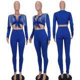 Ladies Fashion Casual Fringe Open Waist Solid Long Sleeve Two Piece Pants Set