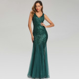 V Neck Sleeveless Shiny Patchwork Mesh Mermaid Plus Size Bridesmaid Evening Dress