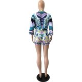 Women Clothes Full Positioning Print Shirt Shorts Casual Two Piece Set
