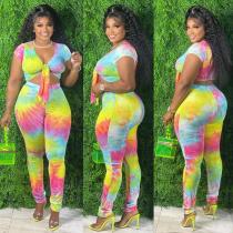 Grande taille femmes Tie Dye Gradient Print Lace Up Sexy Crop Top + Pant Two Piece