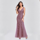 Women Sexy Sleeveless V-Neck Embroidered Sequin Fishtail Bridesmaid Evening Dress
