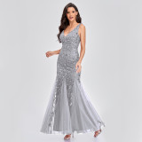 Women Sexy Sleeveless V-Neck Embroidered Sequin Fishtail Bridesmaid Evening Dress