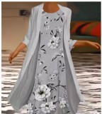 Women Print Dress + Robe Two Piece Set