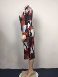 Plus Size Damen Langarm Style Print Figurbetontes Kleid