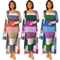 Plus size dames geribbelde print colorblock jurk + lange jas
