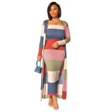 Geripptes Colorblock-Kleid für Damen in Übergröße + langer Mantel