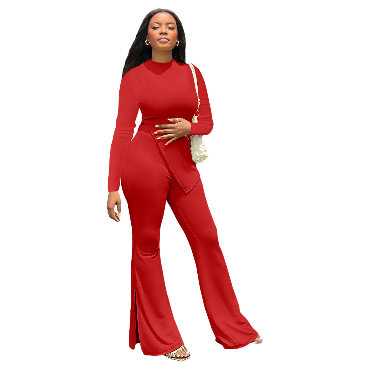 Women Autumn and Winter Solid Color Long Sleeve Irregular Top + Slit Bell  Bottom Pants Two Piece Set - The Little Connection