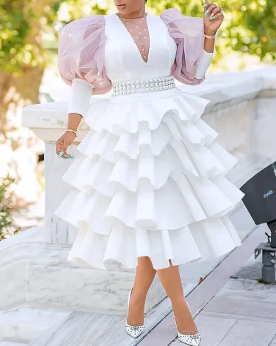 Plus Size Women White Round Neck Puff Sleeve Puff Dress