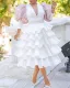 Plus Size Women White Round Neck Puff Sleeve Puff Dress
