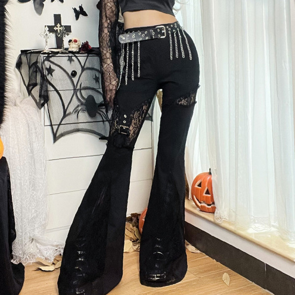 Frauen Herbst Gothic Punk Lace Patchwork Bell-Bottom-Hosen