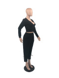 Einfarbiges Langarm-Oberteil + Hose für Damen, zweiteiliges Set