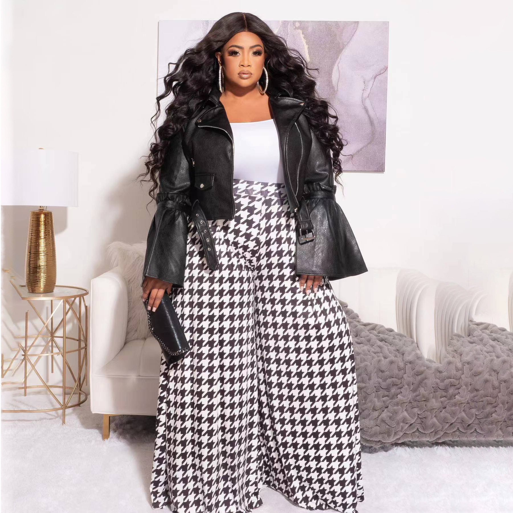 Plus Size Women Houndstooth Wide Leg Pants - The Little Connection