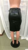 Winter Black Leather Lace Patch Zipper High Waist Knee-Length Skirt