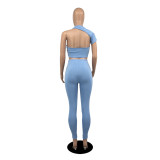 Women Fall Solid Irregular Backless Short Sleeve Crop Top+ Pants Two Piece