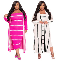 Women Sexy Striped Print Robe+ Slip Dress Two Piece