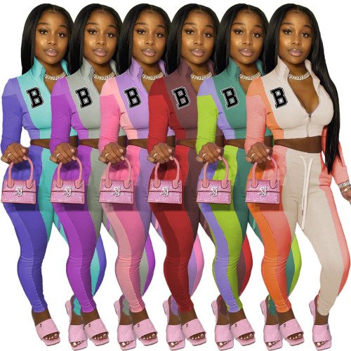 Frauen Casual Farbkontrast Buchstabe B Print Reißverschluss Langarm Top + Hose zweiteilig