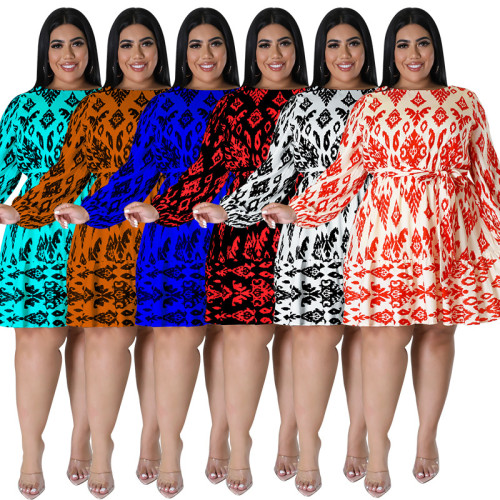 Plus Size Women Fall Long Sleeve Print Dress